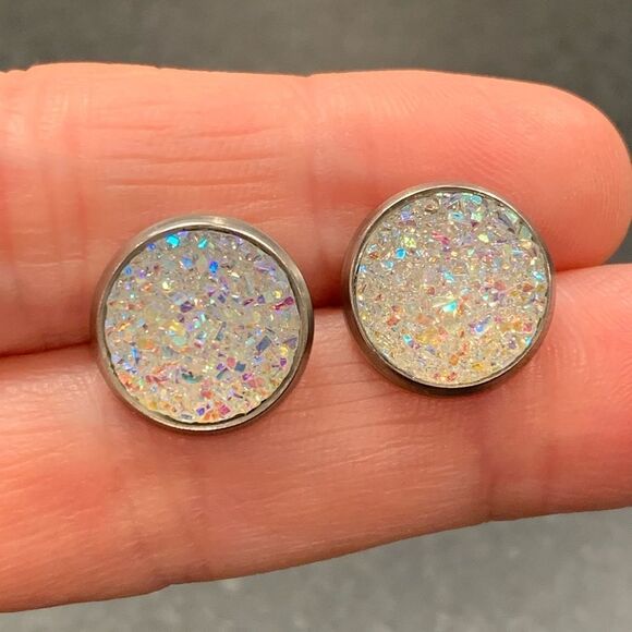 Sparkly White Iridescent Prism Stud Earrings, Faux Silver Druzy Quartz Iced Out - Picture 1 of 10